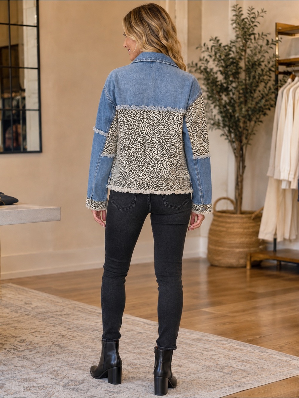 POL denim jacket signature bohemian with leopard-print trim fringe detailing - Picture 2 of 5